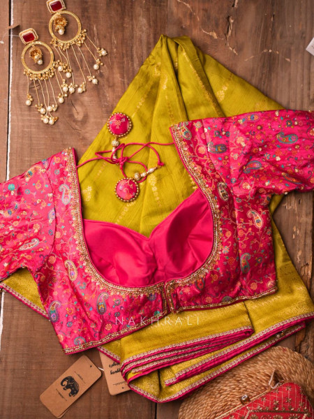 Mrignayani Green Saree with Embroidered Blouse & Brocade Weave
