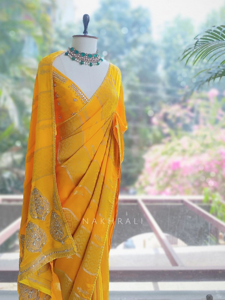 Image of Sunehri Yellow Saree with Zari Weave Embroidery Gota Work