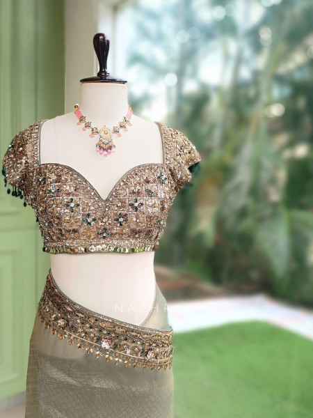 Lustre Trellis Sage Green Tissue Silk Saree with Readymade Blouse