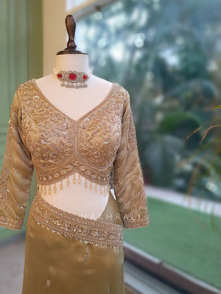 Hiranya Pista Green Metallic Tissue Silk Saree with Cutdana, Sequin & Paisley Embroidery