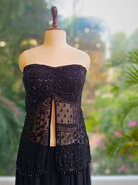 Nocturne Black Embellished Crop Top Palazzo Set