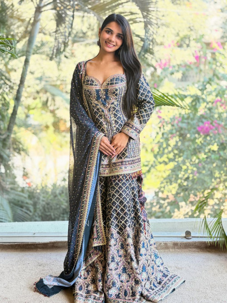 Kiyana Grey Tissue Kurta Palazzo Set with Banarasi Dupatta