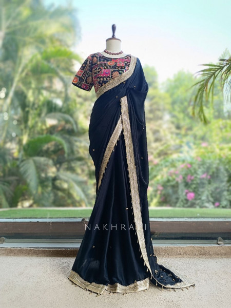 Rati Black Saree with Gota Patti Border & Multicolor Embroidered Readymade Blouse