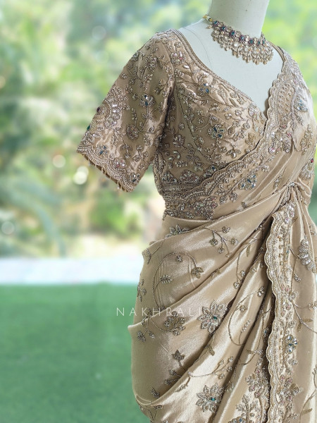 Celestine Beige Crushed Shimmer Silk Tissue & Silk Georgette Blend Saree