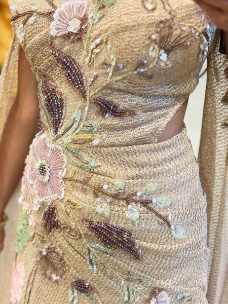 Orlina Beige Sequin Drape Gown