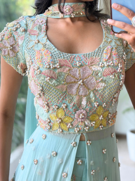 little flower Sky Blue Viscose Georgette Indo Western Sharara Set