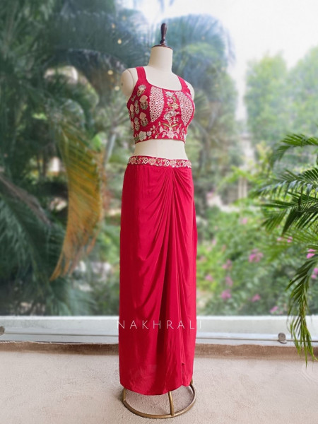 Kavira Red Embroidered Crop Top Skirt with Jacket Set