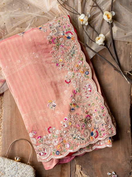 Gajgamini Peach Tissue Saree with Embroidery and Zari Sequin Work