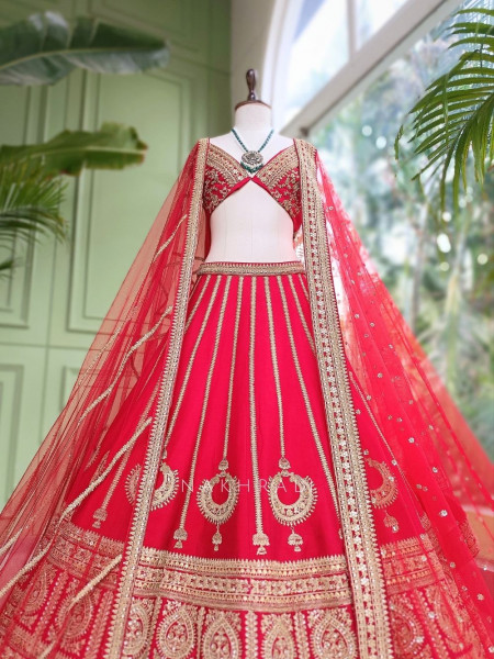 Jharokha Palace Crimson Red Bridal Lehenga