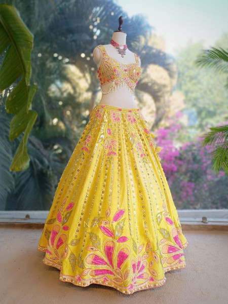 Yavika Yellow Floral Lehenga Set with Sequin and Bead Work