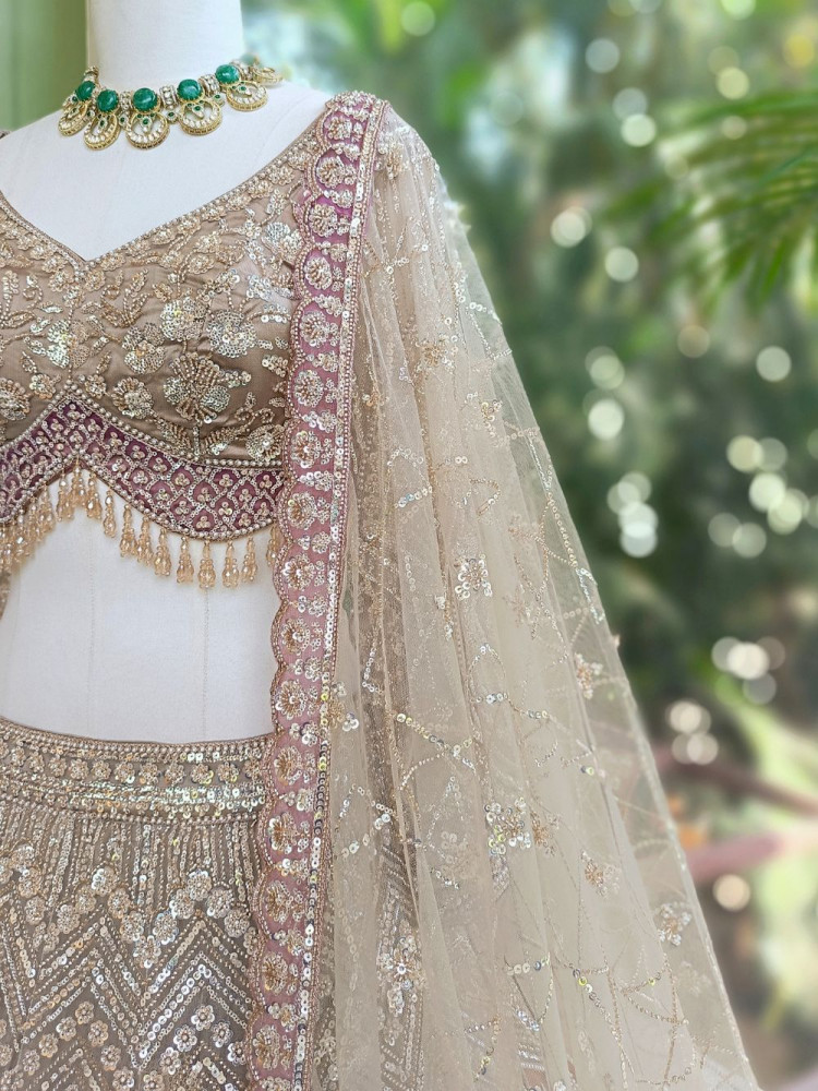 Image of Mridika Brown Net Lehenga Set with Cut Dana Sequin Work