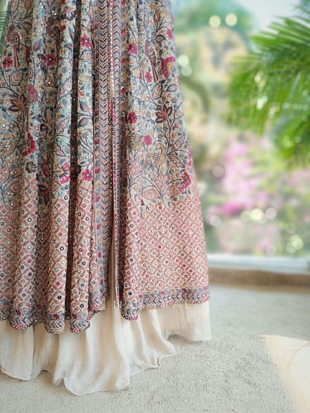 Qymera Beige Printed Anarkali Suit Set with Sequin Embroidery