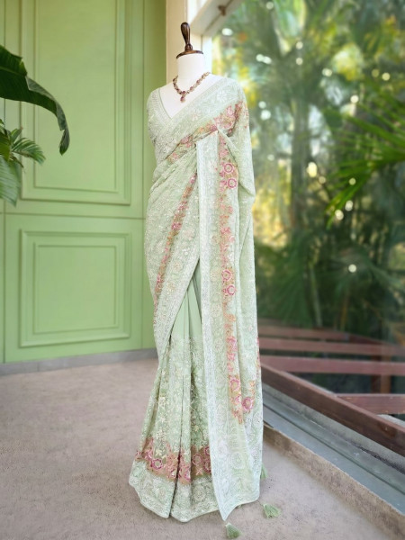 Ecru Grace Pista Green Embroidered Elegance Saree with Sequin Detailing