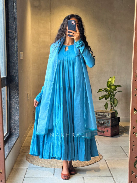 Calira Blue Cotton Anarkali Suit Set with Organza Dupatta