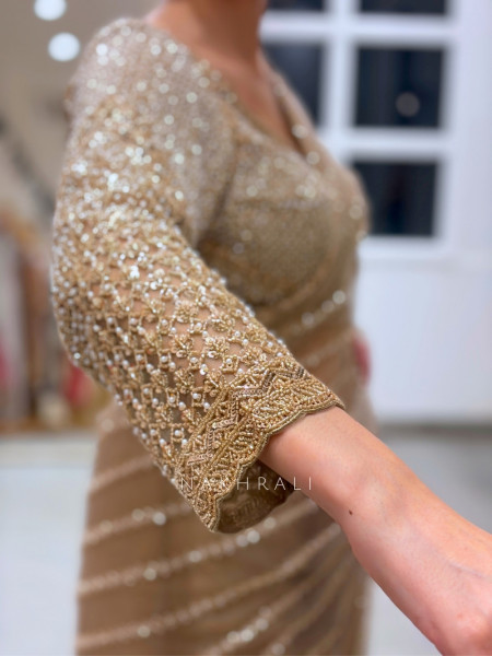 Tishya Beige Italian Silk Net Saree with Readymade Blouse