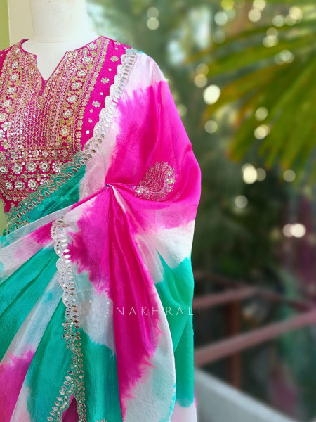 Rangriti Firozi Leheriya Saree with Sequin Gota Blouse