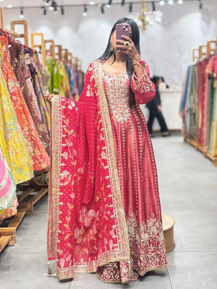 Image of Nooriza Red Anarkali Set with Mirror Gota Patti and Zari Work