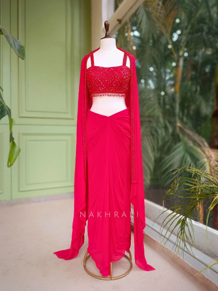 Rivora Red Sequin Cut Dana Crop Top Drape Skirt Set with Cape