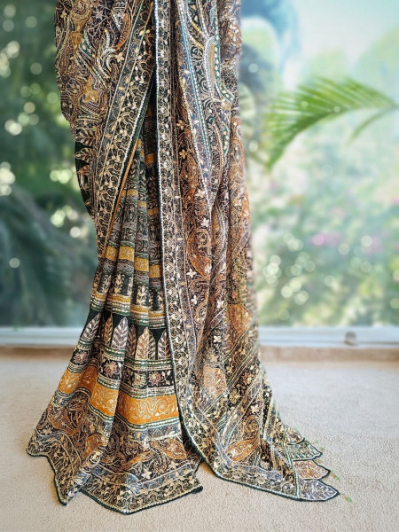 Nakkashi Green Bridal Sequin Zari Saree with Ready Blouse