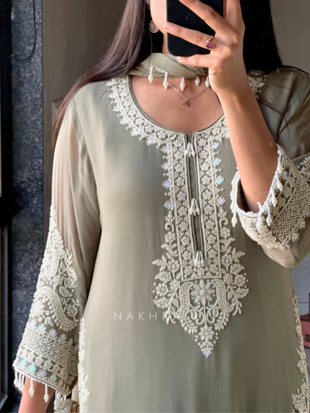 Aarvi Olive Suit Set with Intricate Embroidery Work