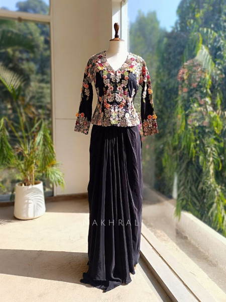Averra Black Embroidered Jacket Skirt Set