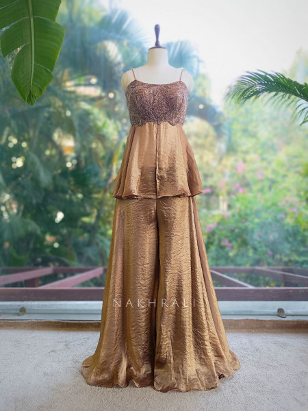 Zeraya Brown Embroidered Peplum Palazzo Set