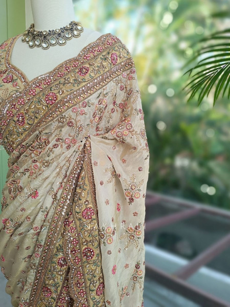 Aroha Cream Embroidered Saree with Stone Work