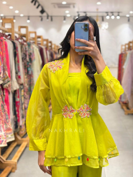 Zarvyn Green Parrot Organza Co-ord Set with Floral Patch Work and Balloon Sleeves