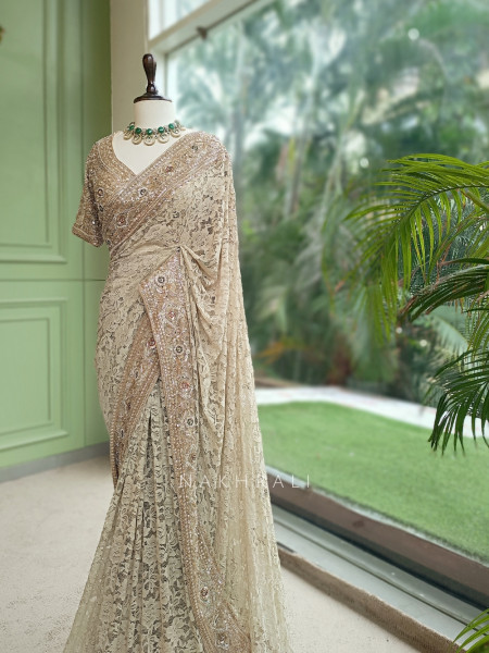 Sereia Beige Chantilly Lace Designer Saree with Readymade Blouse