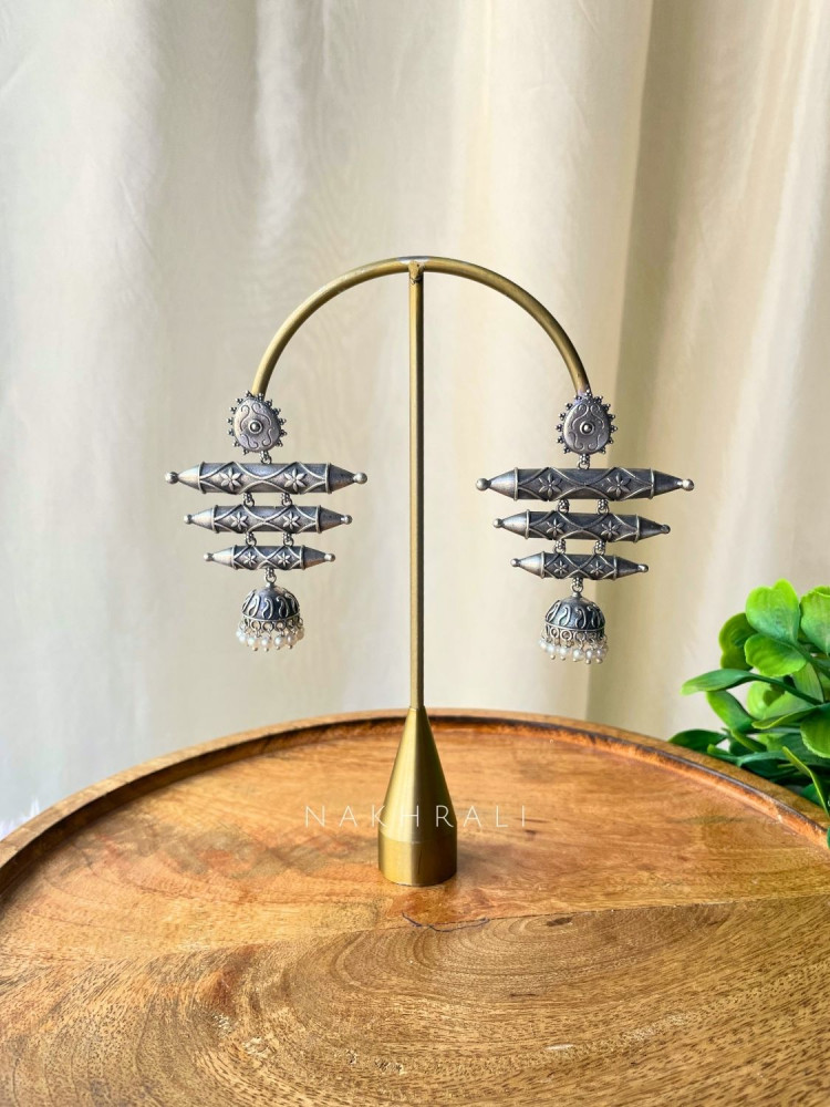 Image of Tivara Oxidised Silver Barrel Drop Earrings