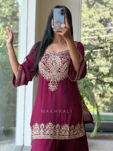 Nazneen Wine Fendy Silk Sharara Set