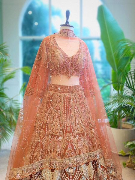 Regal Radiance Orange Embroidered Bridal Lehenga