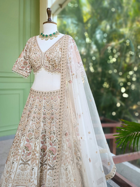Elara Beige Bridal Indo Western Lehenga with Thread, Stone and Sequin Embroidery