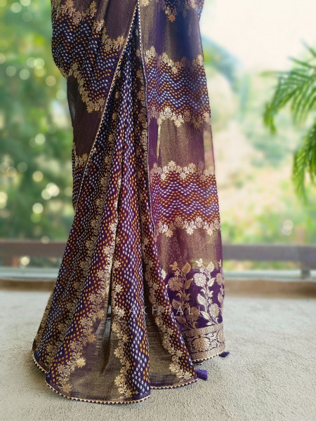 Morvyn Purple Saree with Bandhani Print and Zari Weave
