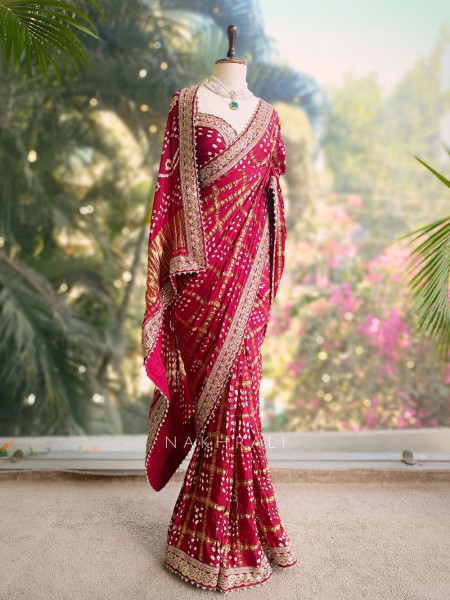 Noor-E-Riwaayat Maroon Bandhani Saree with Zari Border
