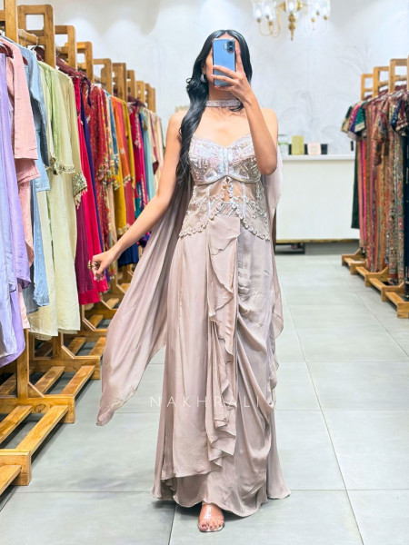 Kymera Beige Indo-Western Drape Skirt Set with Sequin Work