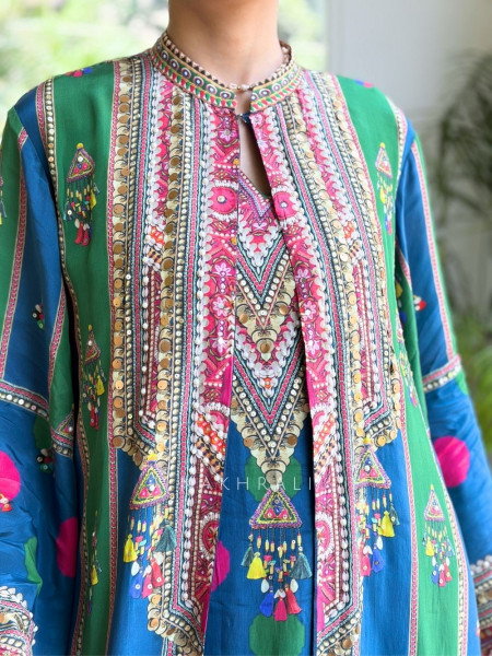 Boho-Chic Polka Long Kurta Jacket Set