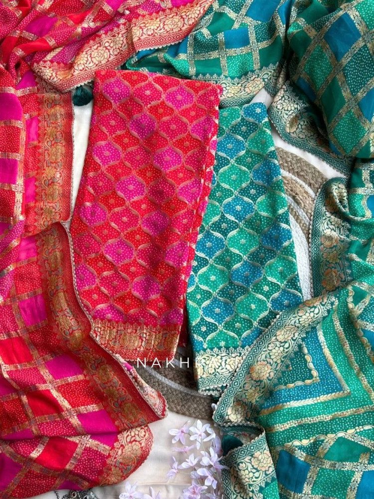Image of Rang-Kosh  Green Bandhani Pure Georgette Dress Material