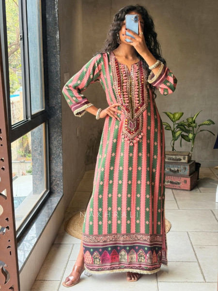 Kairaa Gajari Straight Dress with Mirror and Embroidery Work