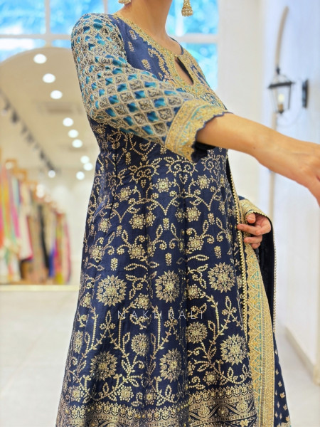 Dariya Navy Blue Silk Brocade Short Anarkali Suit