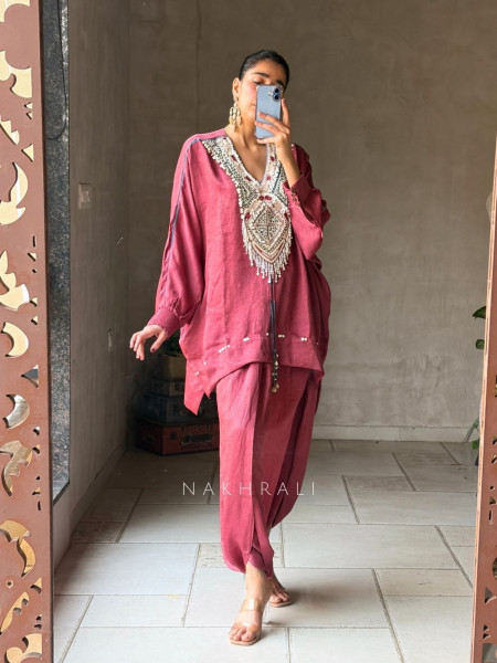 Zyven Maroon Kaftan Palazzo Set with Embroidered Sequin Neck