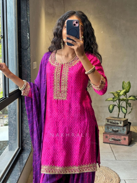 Rivkara Magenta Bandhej Suit Set with Golden Embroidery and Bead Work