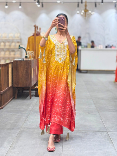 The Pop Yellow Kaftan Set with Gota Patti Work