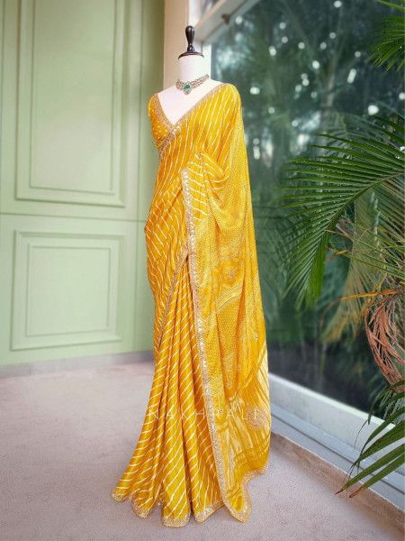 Gulnaar Yellow Saree with Zari Bandhej Work