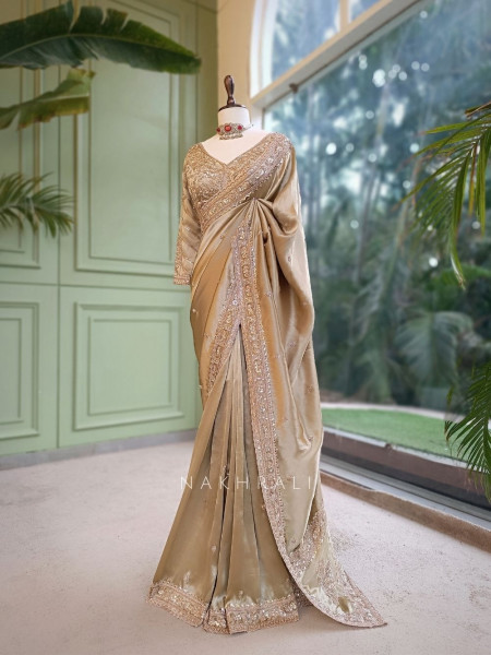 Hiranya Pista Green Metallic Tissue Silk Saree with Cutdana, Sequin & Paisley Embroidery