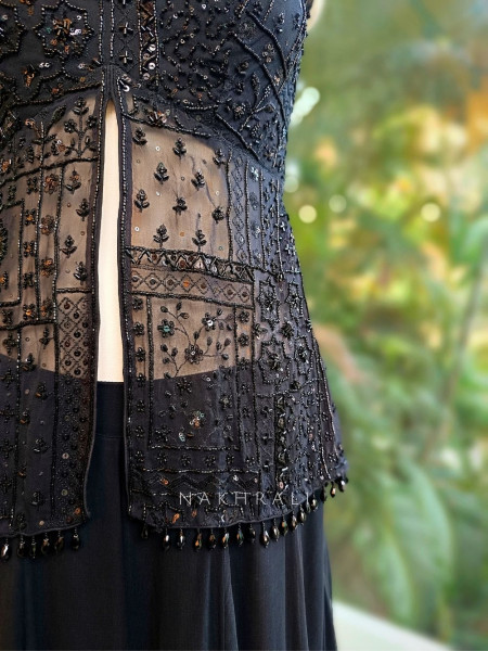 Nocturne Black Embellished Crop Top Palazzo Set