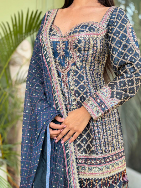 Kiyana Grey Tissue Kurta Palazzo Set with Banarasi Dupatta