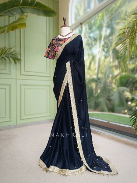 Rati Black Saree with Gota Patti Border & Multicolor Embroidered Readymade Blouse