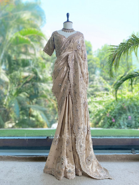 Celestine Beige Crushed Shimmer Silk Tissue & Silk Georgette Blend Saree