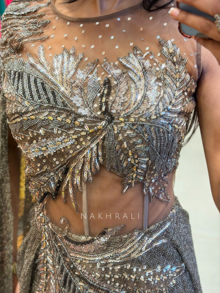 Ilyra Brown Embellished Drape Gown with Cape Detail